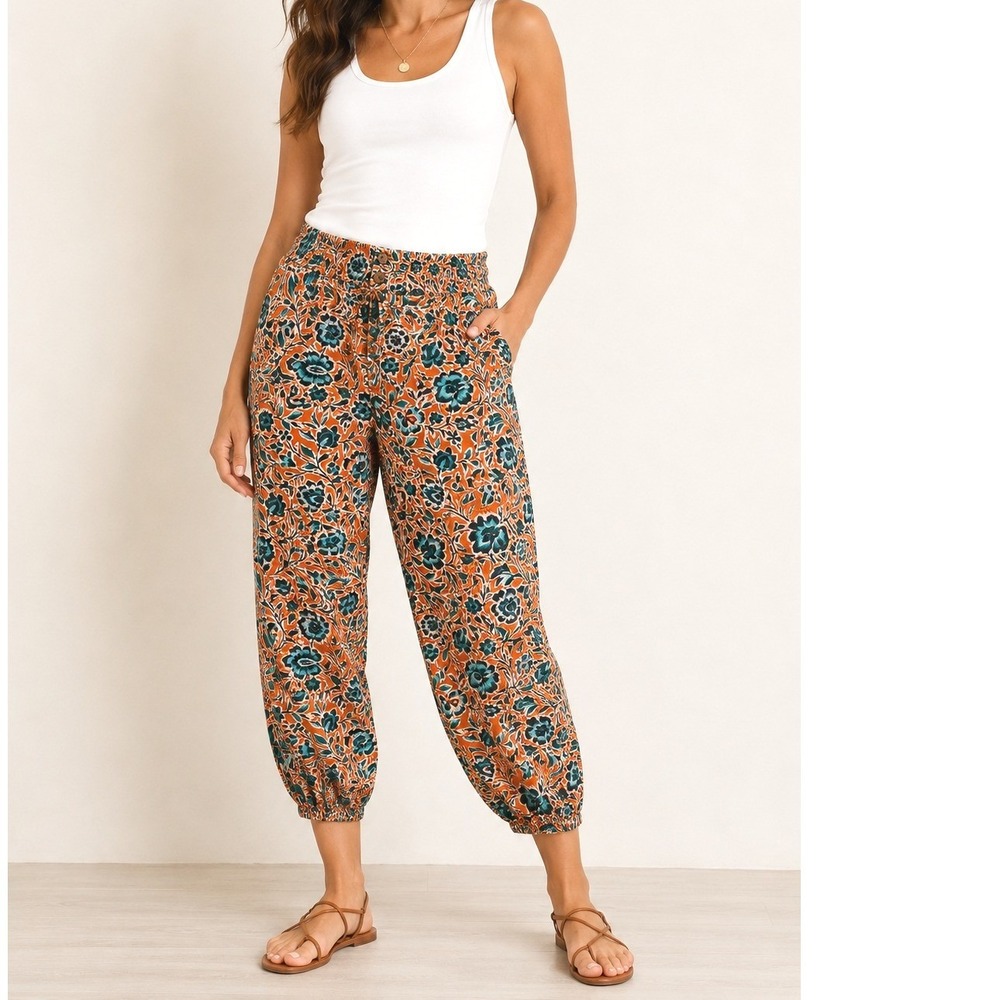FatFace Floral Smocked Waist Crop Pants Orange Teal Viscose Pull-On Boho Size 18